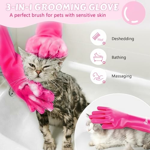 Pink grooming glove used on a cat for deshedding, bathing, and massaging.