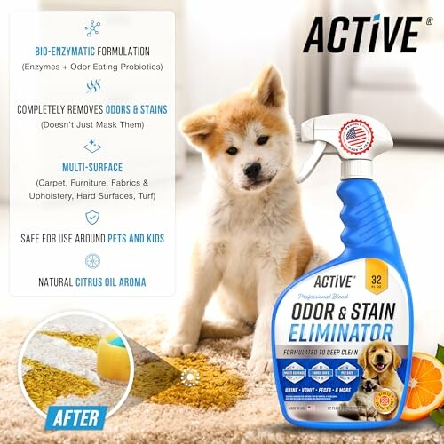 Active Odor and Stain Eliminator spray with puppy, showcasing cleaning effectiveness and safety benefits.