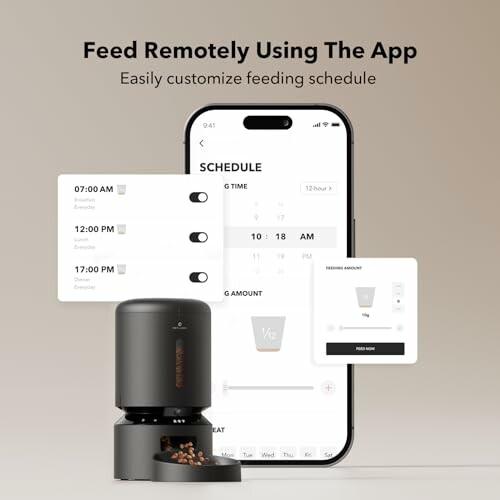 Automatic pet feeder with smartphone app showing feeding schedule.