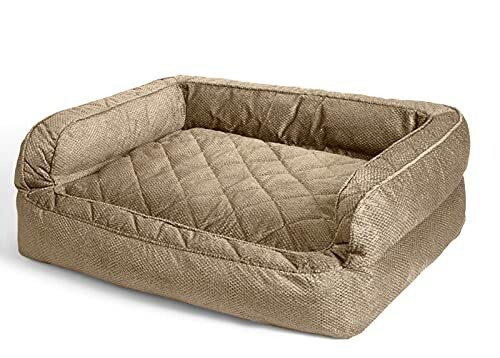 Brown cushioned dog bed with raised sides.