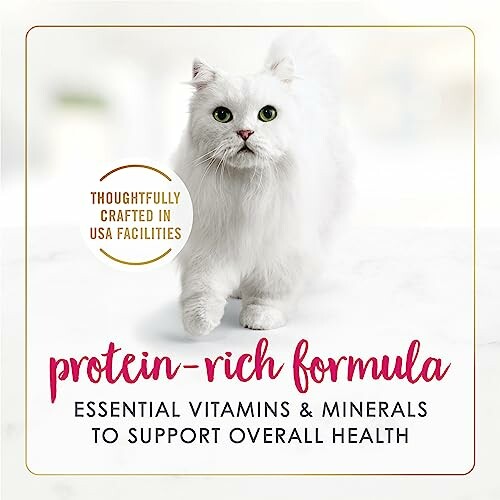 White cat with text about protein-rich formula and essential vitamins for health.