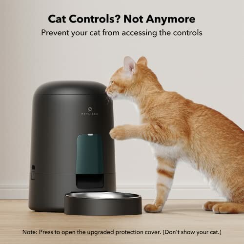 Cat interacting with pet food dispenser labeled 'Cat Controls? Not Anymore'.