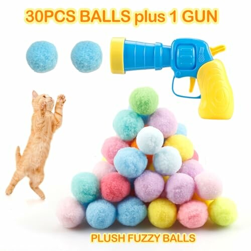 Cat playing with colorful plush balls and toy gun.