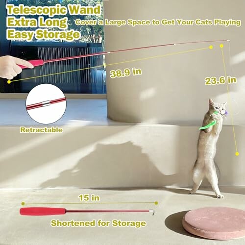 Telescopic wand cat toy with varying lengths shown, cat playing.