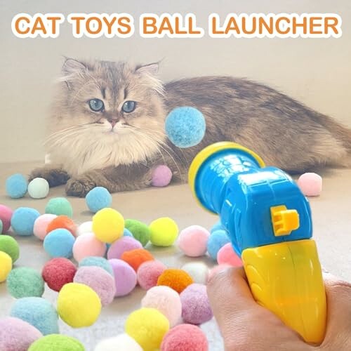 Cat playing with colorful ball launcher toy.