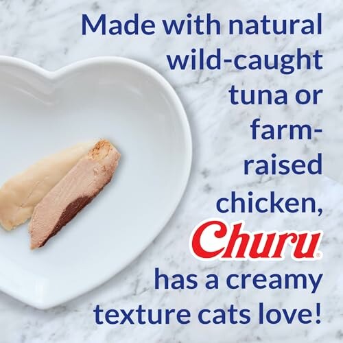 Heart-shaped dish with Churu cat treat and text about natural ingredients.