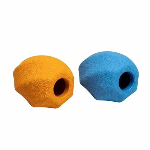 Two textured climbing holds, one orange and one blue.