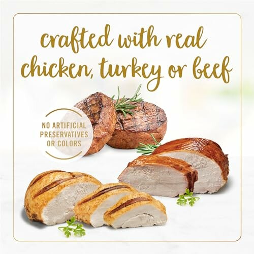 Cooked slices of chicken, turkey, and beef with herbs, featuring text about no artificial preservatives or colors.