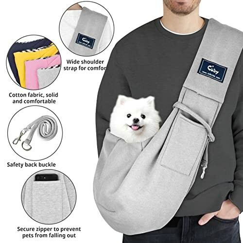 Person wearing a pet sling bag with a small white dog inside, showing features like wide shoulder strap, cotton fabric, safety buckle, and secure zipper.