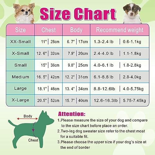 Dog clothing size chart with measurements for chest, body, and recommended weight.