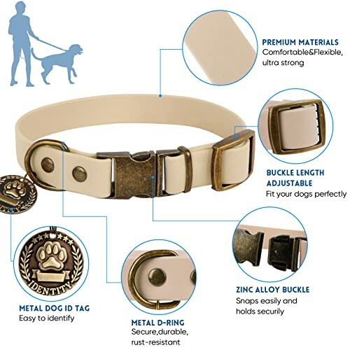 Dog collar with adjustable buckle and metal tag.