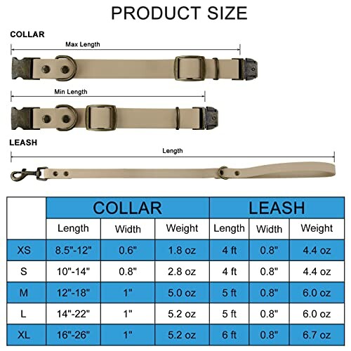 Dog collar and leash size chart with measurements for XS, S, M, L.