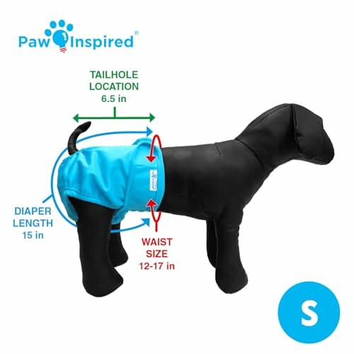 Dog mannequin wearing a blue diaper with size guide.