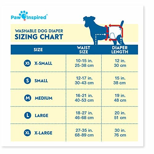 Dog diaper sizing chart with measurements for XS to XL.