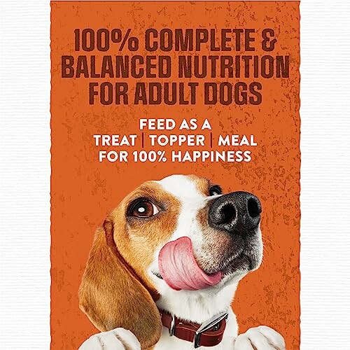 Dog licking its nose with text about complete nutrition for adult dogs.