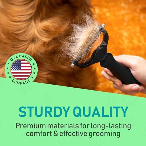 Dog grooming brush removing fur with USA based company badge.