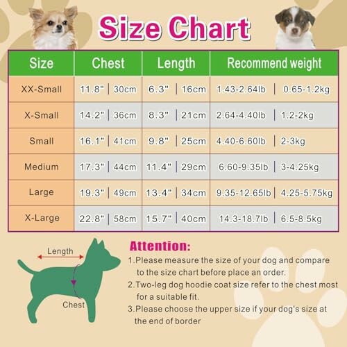 Dog size chart with measurements for chest, length, and recommended weight.