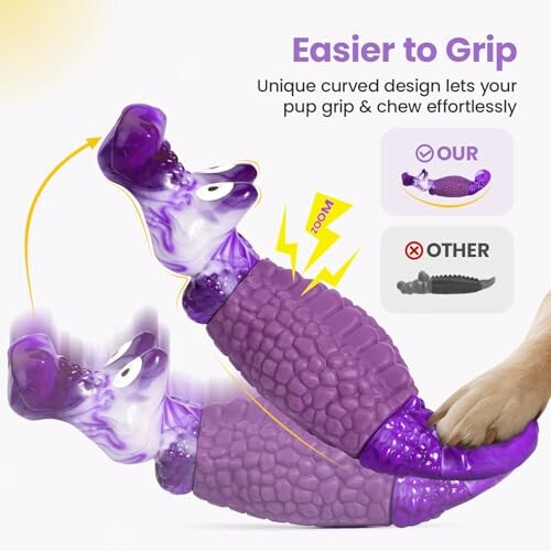 Purple dog toy with curved design for easy grip and chew.