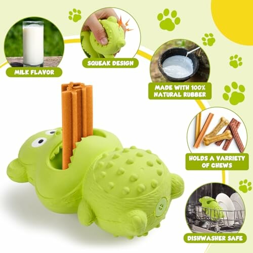 Green dog toy with features: milk flavor, squeak design, natural rubber, holds chews, dishwasher safe.