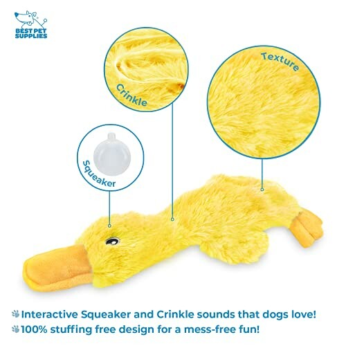 Yellow duck dog toy with squeaker and crinkle features.