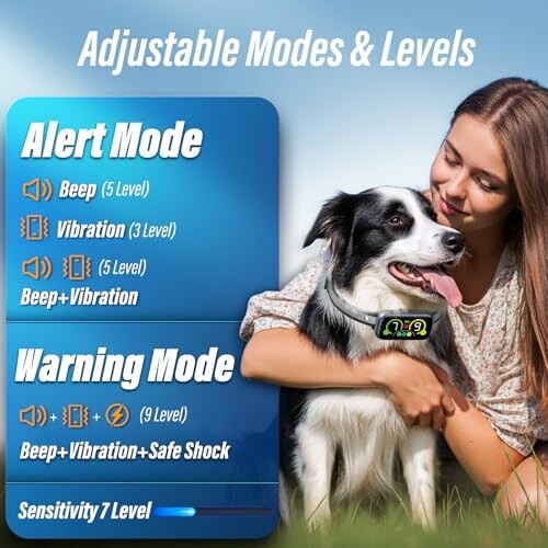 Woman with dog using adjustable training collar showing alert and warning modes.