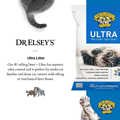 Dr. Elsey's Ultra cat litter packaging with features and cat images.