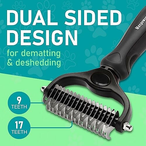 Dual-sided pet grooming tool for dematting and deshedding with 9 and 17 teeth.