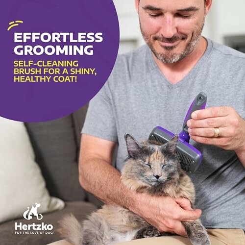 Man using a self-cleaning brush on a cat.