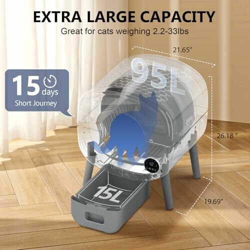 Transparent extra large cat litter box with dimensions and capacity details.