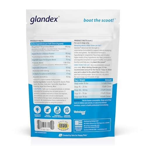 Back view of Glandex dog supplement packaging with product facts and dosage instructions.