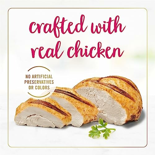 Grilled chicken breast slices with text 'crafted with real chicken'.