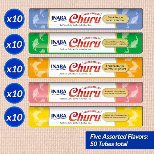 Inaba Churu cat treats, 50 tubes in five assorted flavors.