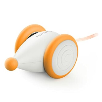 Interactive cat toy shaped like a mouse with orange wheels and tail.