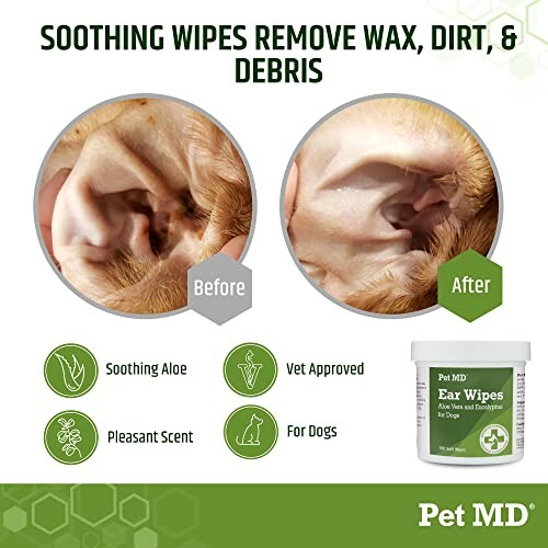 Before and after using Pet MD ear wipes for dogs