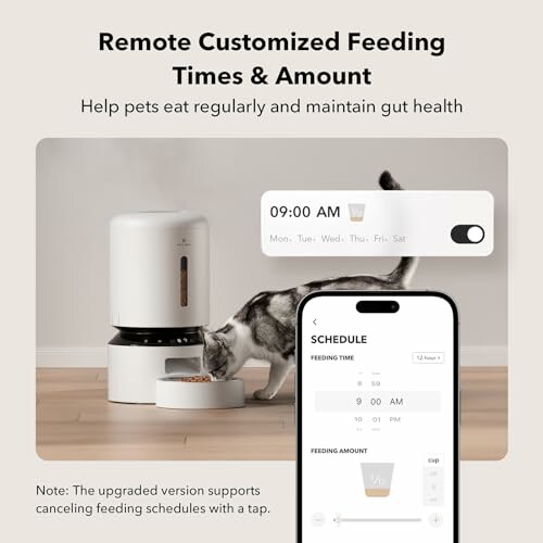 Pet feeding device with customizable schedule and smartphone app.