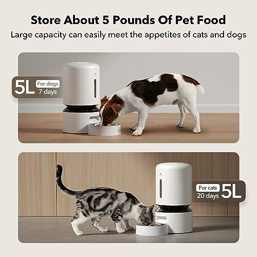 Pet food dispenser showing 5L capacity for dogs and cats.