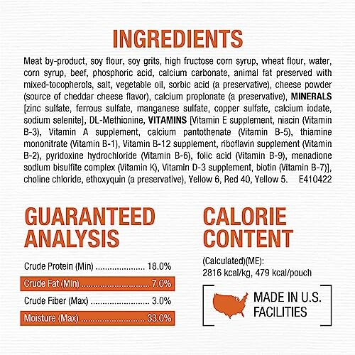 Pet food ingredients and nutritional information label.