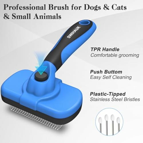 Pet grooming brush for dogs and cats with TPR handle, push button, and plastic-tipped bristles.