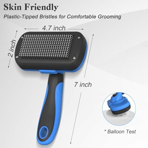 Pet grooming brush with dimensions and plastic-tipped bristles.