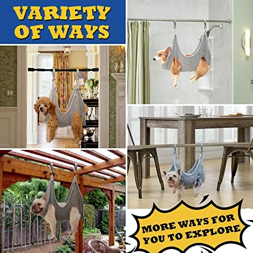 Various ways to hang pets in grooming hammocks indoors and outdoors.