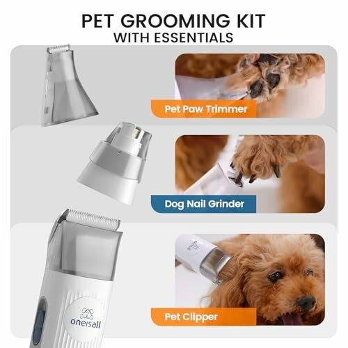 Pet grooming kit with trimmer, nail grinder, and clipper.