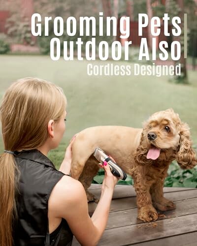 Person grooming a dog outdoors with a cordless tool.