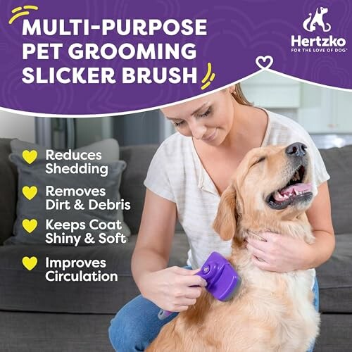 Person using a slicker brush on a happy dog with benefits listed: reduces shedding, removes dirt and debris, keeps coat shiny and soft, improves circulation.