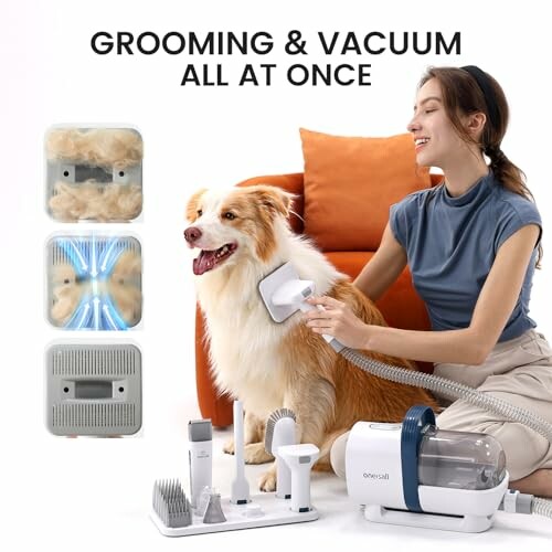 Woman using a pet grooming vacuum tool on a dog.