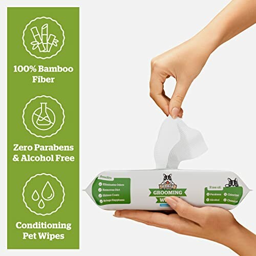 Hands pulling a wipe from a pack of pet grooming wipes with features like bamboo fiber, zero parabens and alcohol, and conditioning.