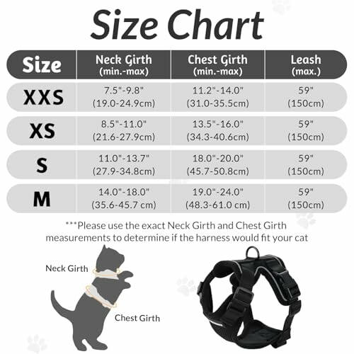 Pet harness size chart with measurements for neck and chest girth.