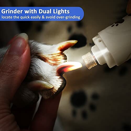 Pet nail grinder with dual lights illuminating pet claws.