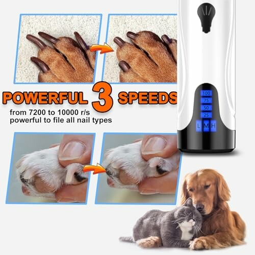 Pet nail grinder with three speed settings shown with dog and cat.