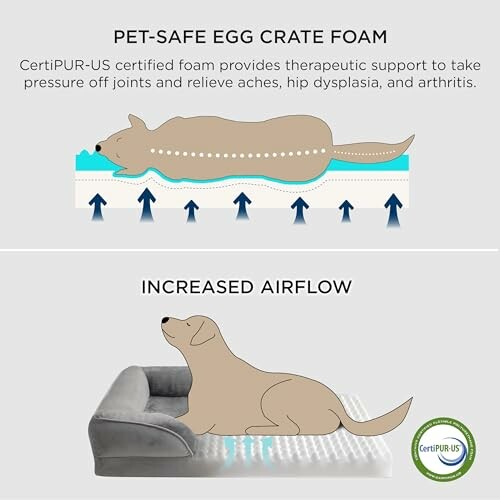 Illustration of dog on egg crate foam bed with increased airflow.