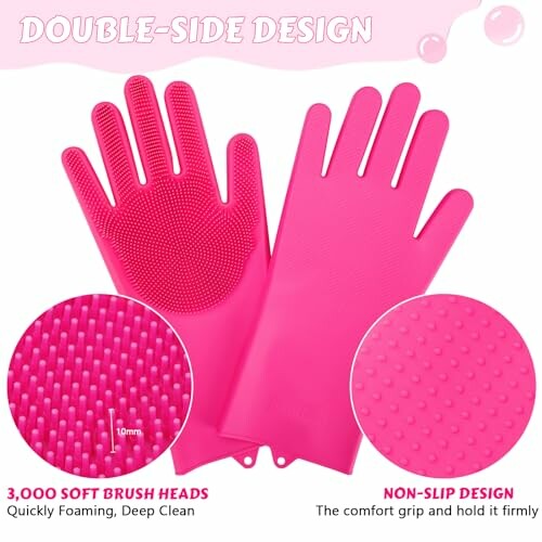 Pink double-sided cleaning gloves with soft brush heads and non-slip design.